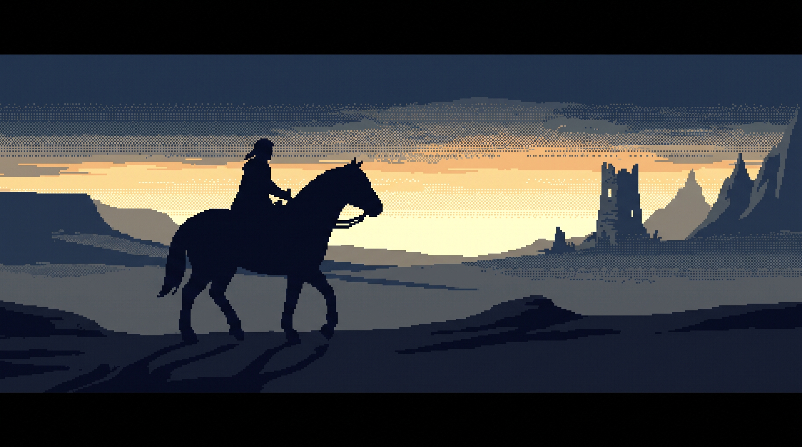 A lone rider crossing dark plains at dusk, in pixel art
